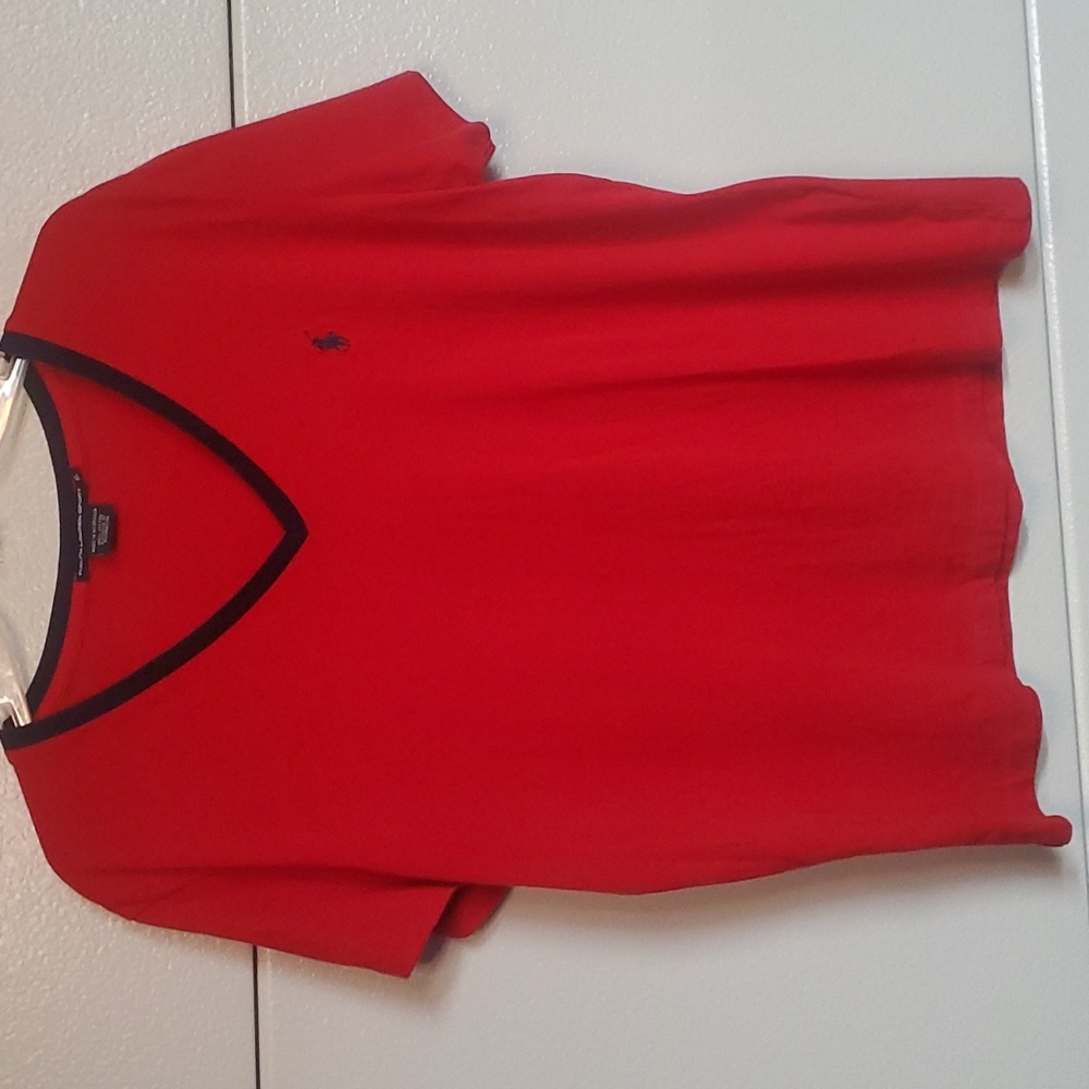 Ralph Lauren Sport Red V Neck Tee With Blue Collar and Horse Logo